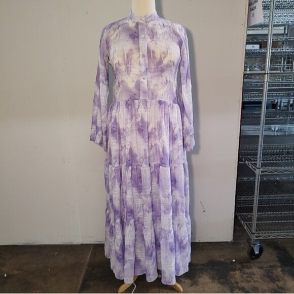 Bambah Purple White Tie Dye Pattern Chiffon Long Sleeve Maxi Dress XL? - Picture 2 of 9